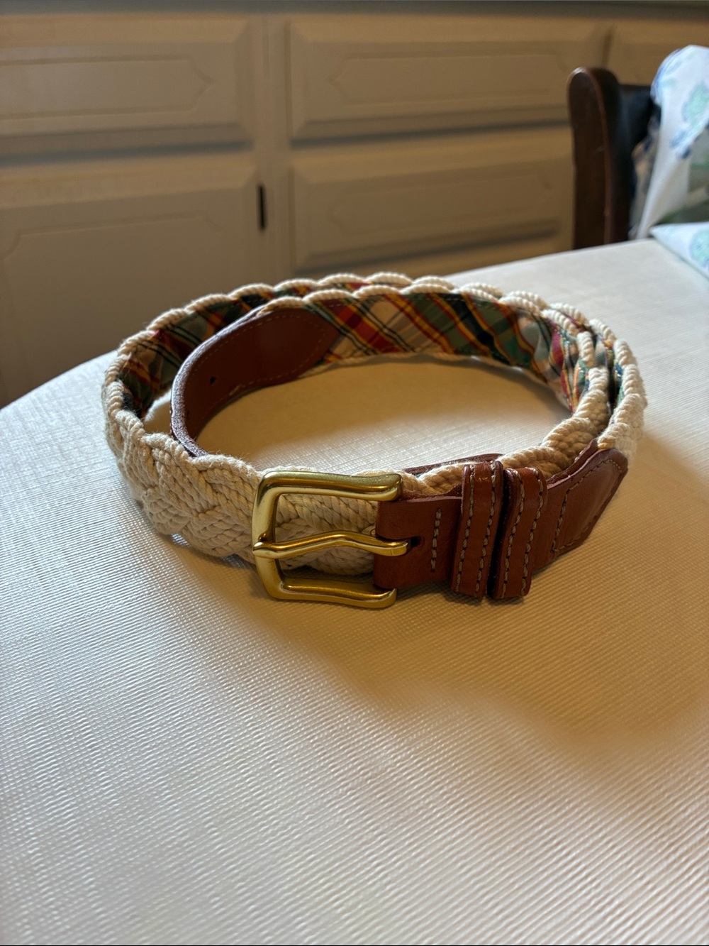 Kiel James Patrick Cream Rope and Brown Leather Belt with Plaid Inlay